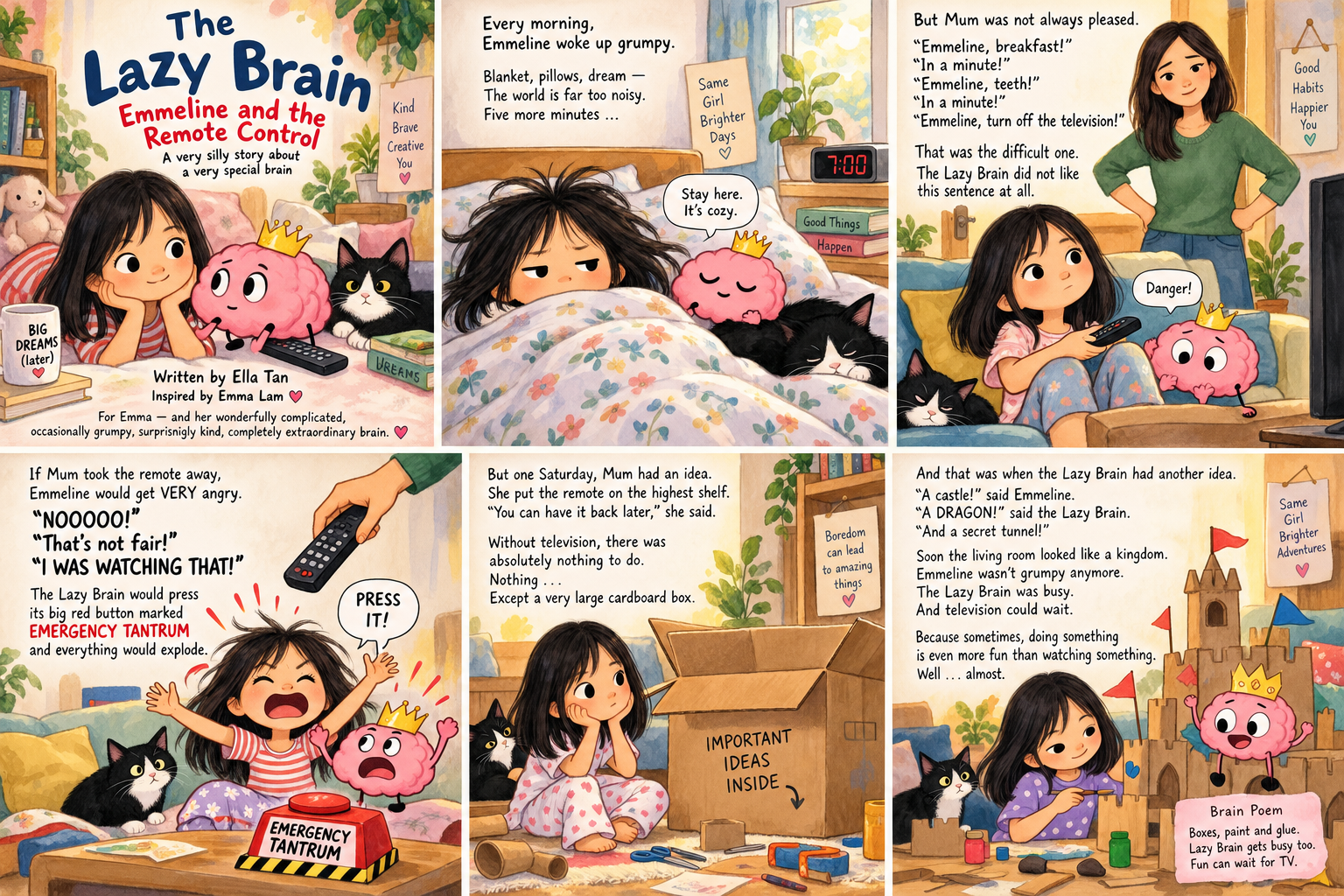 Concept artwork showing Emmeline, her mother and the pink Lazy Brain
